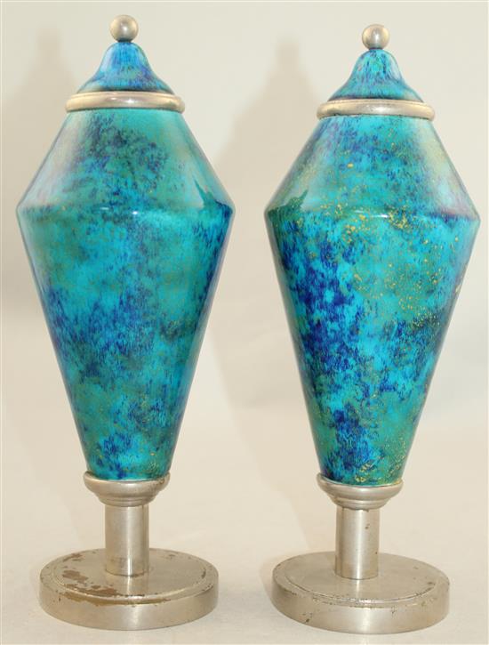 A pair of Paul Milet Sevres Art Deco pottery and chrome electroplate mounted vases and integral covers, c.1930, 25cm.